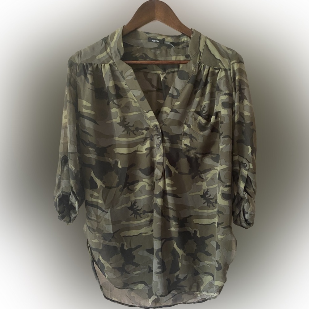 Sheer Camouflage POETRY Blouse with Roll Tab Sleeves  Button Front Women’s Small